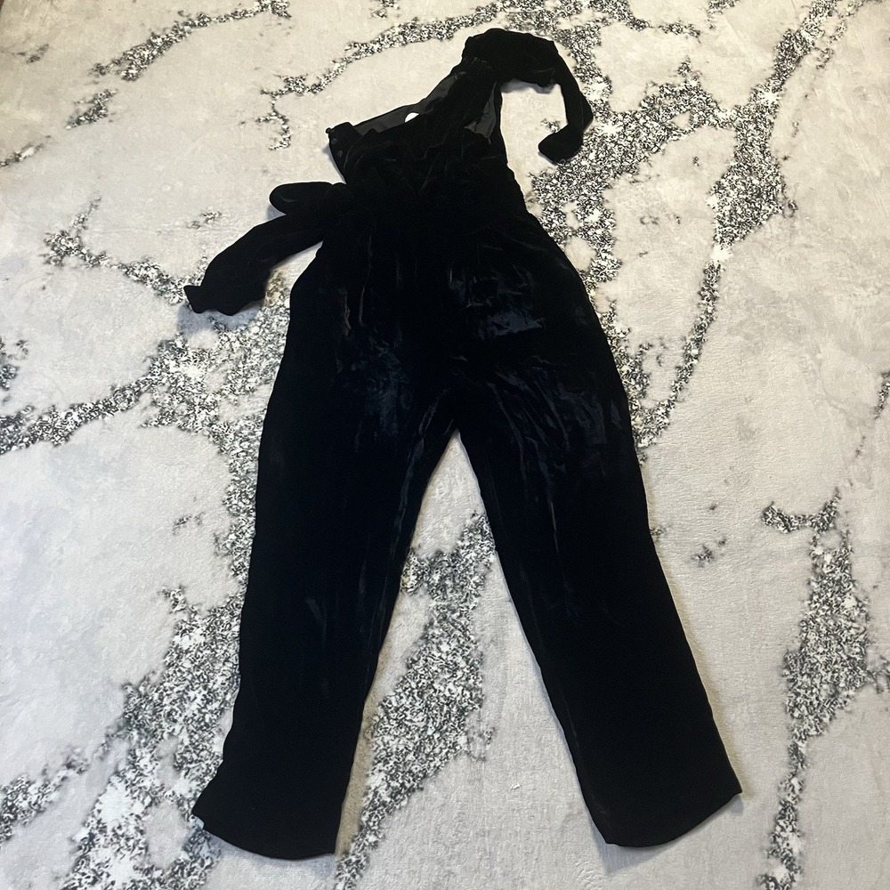 Les Reveries Jumpsuit Womens‎ Size XS Black Tie Shoulder Velvet One Shoulder